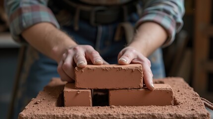Bricklayer passionately building a stove with hands-on precision