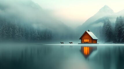 Fototapeta premium Majestic frozen lake landscape with snow capped mountains reflecting in the still waters a cozy log cabin nestled in the pine forest and a herd of deer grazing peacefully in the distance