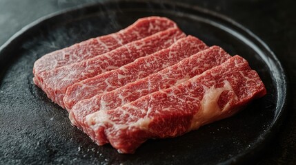 Fresh Cuts of Marbled Beef on Griddle Plate