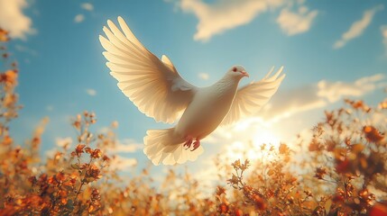 freeflying white dove gracefully glides across a clear blue sky symbolizing peace and freedom its wings spread wide in an uplifting moment against the serene backdrop