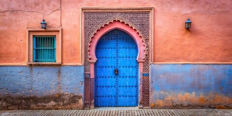 Aerial view of a Moroccan blue door and pink wall in an alley in Marrakesh