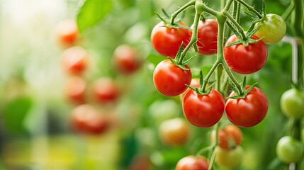 Obraz premium Fresh Red Tomatoes on Vine in Garden Setting