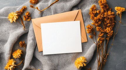 Autumnal Invitation Mockup: Blank Square Card with Envelope, Dried Flowers, and Cozy Wool Texture 