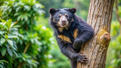 Andean bear climbing in tree from top view