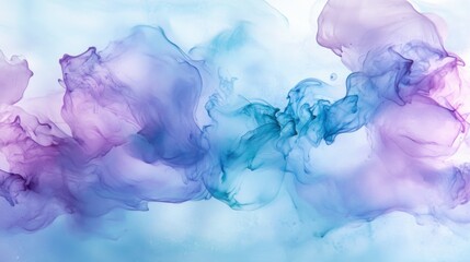 Gentle hues of blue, pink, and lavender flow effortlessly across a clean white canvas, showcasing the beauty of fluid watercolor techniques and delicate color transitions illuminated by soft light.