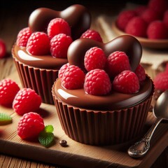 Romantic chocolate heart cups overflowing with smooth pudding and bright raspberries