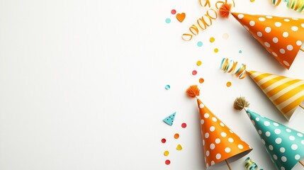 Obraz premium Party Hats and Confetti: Festive party hats and colorful confetti create a celebratory backdrop for a birthday, anniversary, or any special occasion. This image evokes feelings of joy, excitement.