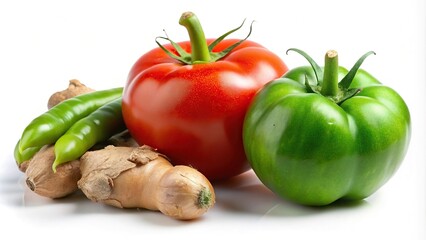 asymmetrical tomato, ginger, green capsicum isolated