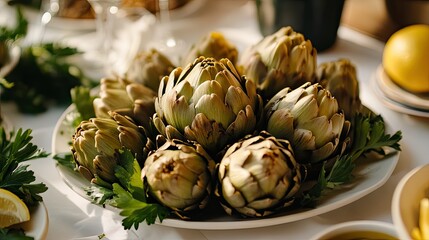 Fresh Artichokes on a Plate with Green Garnish
