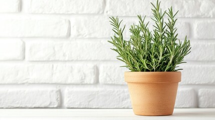 Fototapeta premium Fresh Green Rosemary Plant in Pot on White Brick Wall