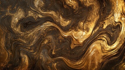 A captivating display of liquid gold flows in intricate patterns, reflecting light and casting deep shadows against a rich bronze background. The dynamic motion invites exploration. Generative AI