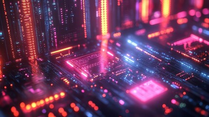 Obraz premium Neon Metropolis: A Cyberpunk Dream Realized in Glowing Circuits and Towering Monoliths of Light