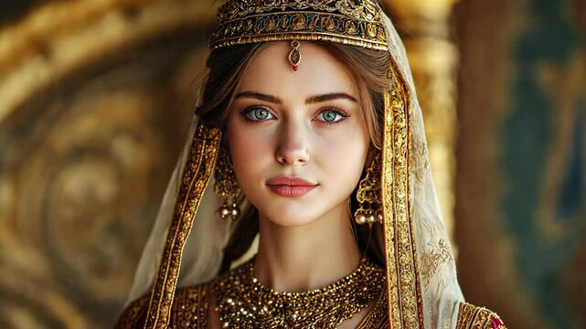 Ancient Persian princess wearing gold dress and headcover smiling at gold palace