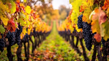 Autumn Vineyard with Grapes and Colorful Leaves