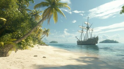 Paradise Found: Sun-Drenched Tropical Beach with Pirate Ship and Palm Trees in Turquoise Waters