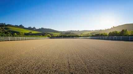 A serene outdoor horse riding arena with neatly maintained sand footing and a backdrop of rolling hills, surrounded by a clear blue sky and early morning light, Minimalist style