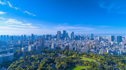 Fototapeta premium Aerial View of a Modern City Skyline Under a Clear Blue Sky