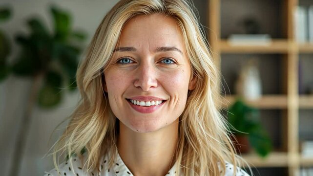 middle age woman smiling at home, cozy optimistic vibes