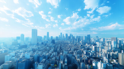 Aerial View of a Modern City Skyline Under a Clear Blue Sky