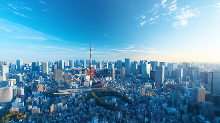 Obraz premium Aerial View of a Modern City Skyline Under a Clear Blue Sky