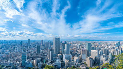 Obraz premium Aerial View of a Modern City Skyline Under a Clear Blue Sky