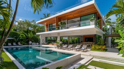 Fototapeta premium Modern Villa with Pool and Tropical Landscaping