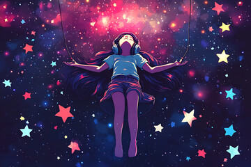 Naklejka premium A girl swings in space, listening to music, surrounded by colorful stars and a cosmic backdrop.
