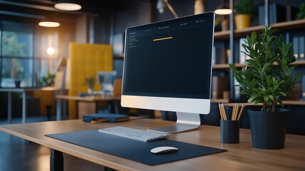 Naklejka premium Modern Workspace: A sleek desktop computer with a blank screen sits on a contemporary office desk, surrounded by minimalist decor and a plant, ready for your branding or design elements. 