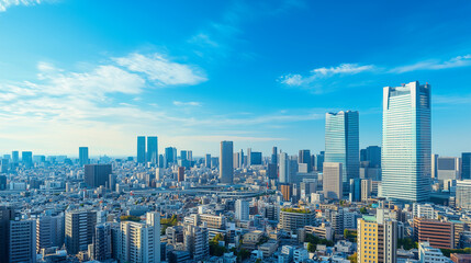 Fototapeta premium Aerial View of a Modern City Skyline Under a Clear Blue Sky