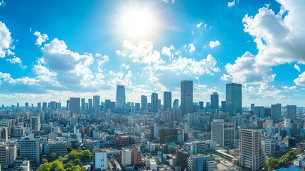Obraz premium Aerial View of a Modern City Skyline Under a Clear Blue Sky