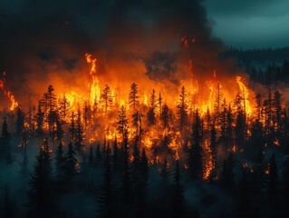devastating wildfire rages through a dense forest, with flames engulfing trees, thick smoke billowing into the sky, creating a dramatic and alarming scene of nature's fury