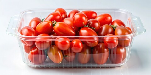 Close-up of ripe plum tomatoes in clear plastic container isolated on white background