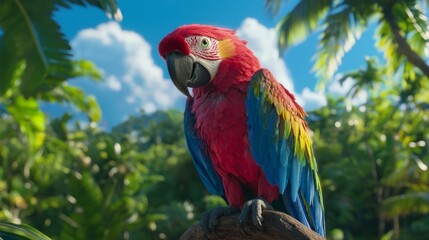 Obraz premium Majestic Parrot on Pirate's Shoulder Amidst Lush Jungle and Azure Ocean Background - Ultra-Detailed Image