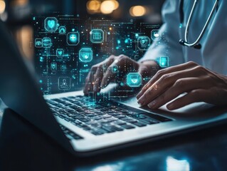 doctor utilizing advanced medical technology on a laptop, with health icons appearing on a virtual interface, emphasizing the modern intersection of medicine and digital healthcare