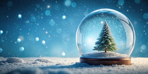 Christmas snow globe with snowflake and snowfall on blue background