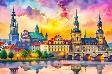 Fototapeta premium Breathtaking watercolor illustration of Dresden's skyline, ideal for home decor and travel enthusiasts. This cityscape