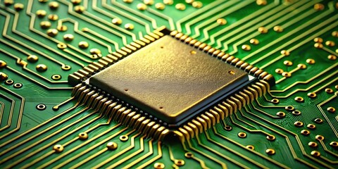 Closeup of silhouette microchip with gold wire bonds on green circuit board