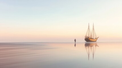 Fototapeta premium Reflections of a Lone Wanderer: Tranquil Beach at Dawn with Pirate Ship on Horizon - Ultra-Detailed Serenity and Contemplation Photo