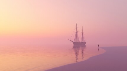 Fototapeta premium Tranquil Dawn Reflections - Surreal Image of Pirate Ship, Lone Figure on Beach at Sunrise | Ultra-Detailed Ocean Adventure Scene
