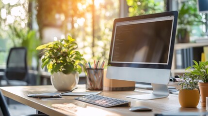 Fototapeta premium Sunlit Workspace: Modern Office Desk with iMac, Plants, and Workspace Essentials 