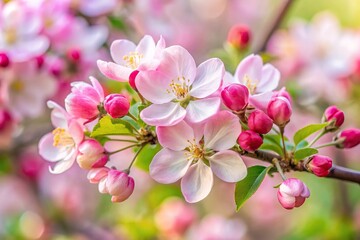 Obraz premium Close-Up of pink apple blossoms on a branch with spring flowering pink and white petals