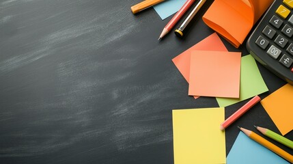 Back to School Essentials: Vibrant colored pencils, sticky notes, calculator, and chalk on a chalkboard background. Perfect for education, learning, and stationery concepts.