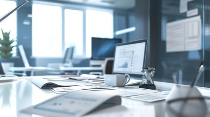 Modern Office Desk with Documents and Laptop
