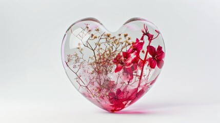 a heart encased in a transparent globe, with vines and flowers growing inside