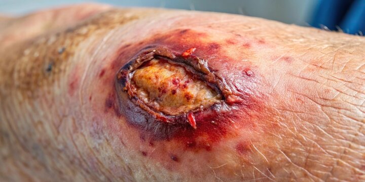 Close-up of prosthetic knee surgical wound infected with streptococcal cellulitis