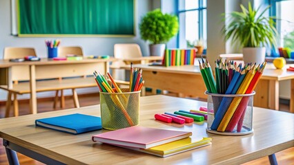 Brightly colored stationery arranged on a classroom desk, set up perfectly for enriching teaching moments and