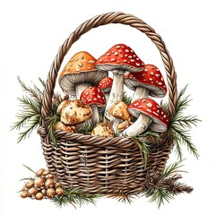 Basket of wild mushrooms with fly agaric, Illustration of a wicker basket filled with wild mushrooms, including fly agaric, surrounded by pine needles and small berries.



