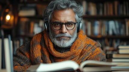 mature indian man with earphones deeply engaged in an online lesson surrounded by books and notes reflecting motivation and a thirst for knowledge in a cozy study