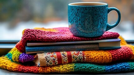 Cozy Winter Scene with Books  Coffee Cup  and Knit Blanket