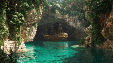 Obraz premium Enigmatic Pirate Cove: Secret Turquoise Waters & Ship in Surreal Landscape